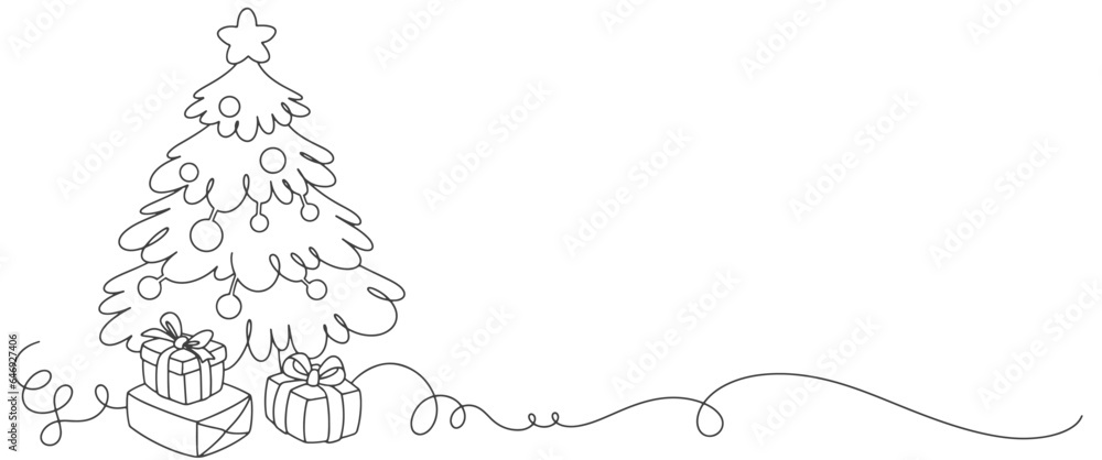 Obraz premium Line art vector illustration of a christmas tree