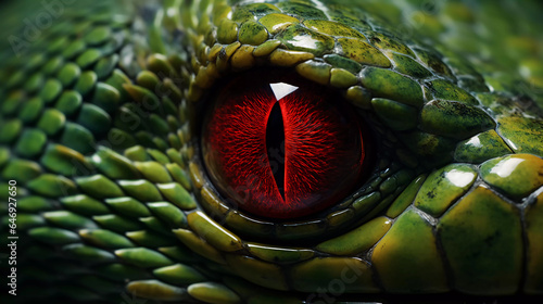 close up of a green snake with red eyes