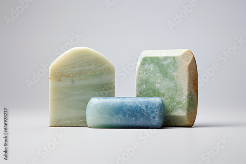 An assortment of colorful, artisanal soaps arranged in a decorative manner.
