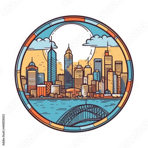 A circle shape frame with center space of Sydney city skyline in simple doodle color cartoon style. beautiful Generative AI AIG32