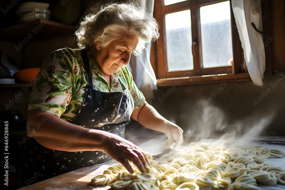 Senior Italian woman in the process of making pasta in a village house kitchen, concept of Italian cuisine, traditional cooking, family traditions and the art of making homemade pasta...... - obrazy, fototapety, plakaty 