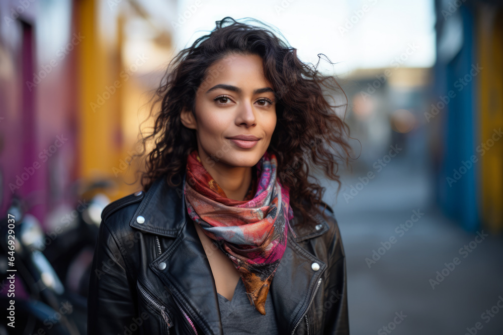 Young confident woman in a leather jacket smiling