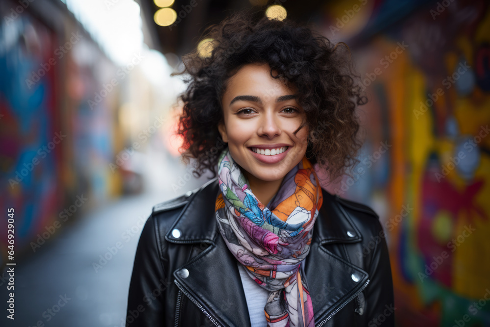 Young confident woman in a leather jacket smiling Young confident woman in a leather jacket smiling