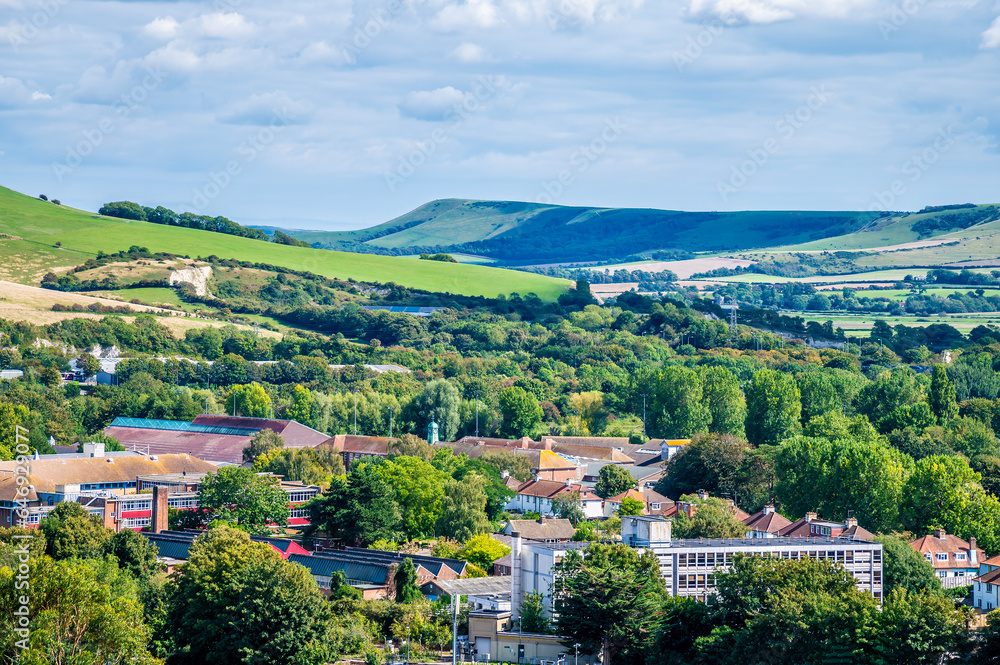 A view from the ramparts of the castle keep towards the South Downs in Lewes, Sussex, UK in summertime