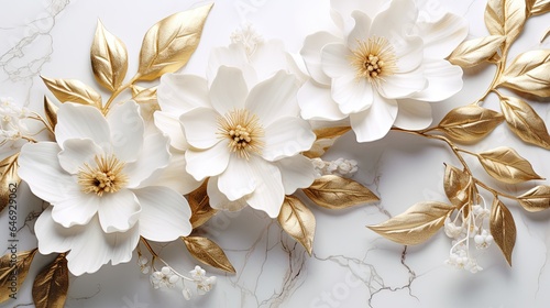 Intricate golden flowers patterned on pristine white marble, capturing elegance. photo