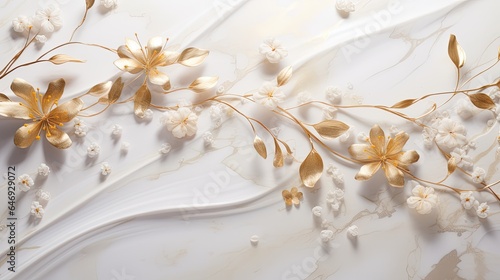Graceful gold floral trails shimmering on a bed of white marble. Luxurious wedding card, jewellery glamor design. 