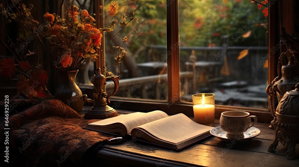 Autumn coziness with tea, book, and vintage window. - obrazy, fototapety, plakaty 