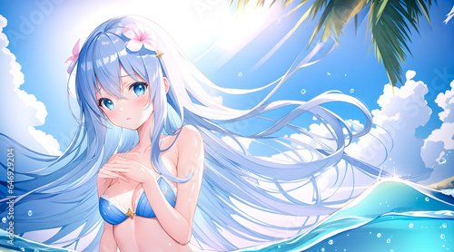 Sexy anime japanese girl big blue eyes on sea