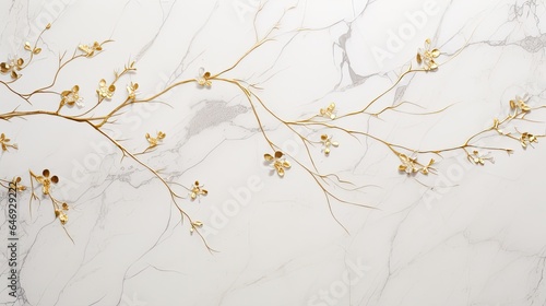 White marble surface infused with delicate gold floral veins, ideal as a luxurious backdrop. Glamor design for exclusive occasions, events, wedding card, invitation, voucher. 