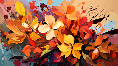 Abstract Autumn Leaves and Flowers Background Illustration - Wallpaper Oil Painting - Generative AI