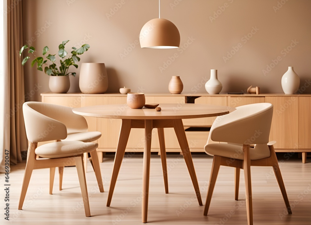 Beige color chairs at round wooden dining table in room with sofa and cabinet near beige wall. Scandinavian, mid-century home interior design