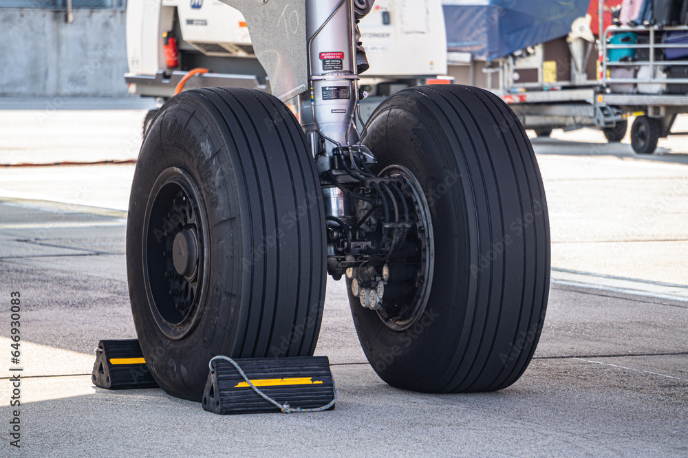 Detailed view of commercial aircraft main landing gear. Airplane wheels