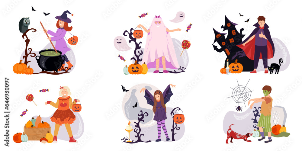 Fototapeta premium Collection of cartoon kids in colorful Halloween celebrating costumes. Friends on a trick or treat party. Carnival decorations and pumpkin curving. Scary night traditions. Flat vector illustration