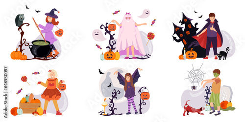 Collection of cartoon kids in colorful Halloween celebrating costumes. Friends on a trick or treat party. Carnival decorations and pumpkin curving. Scary night traditions. Flat vector illustration