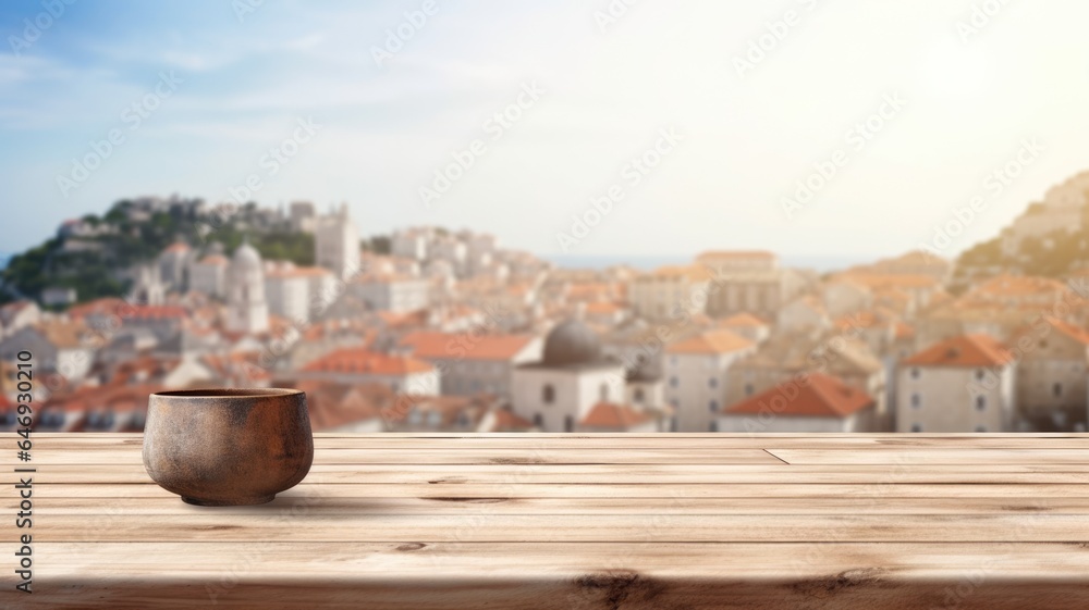 The empty wooden table top with blur background of the old town Dubrovnik . Generative AI image AIG30.