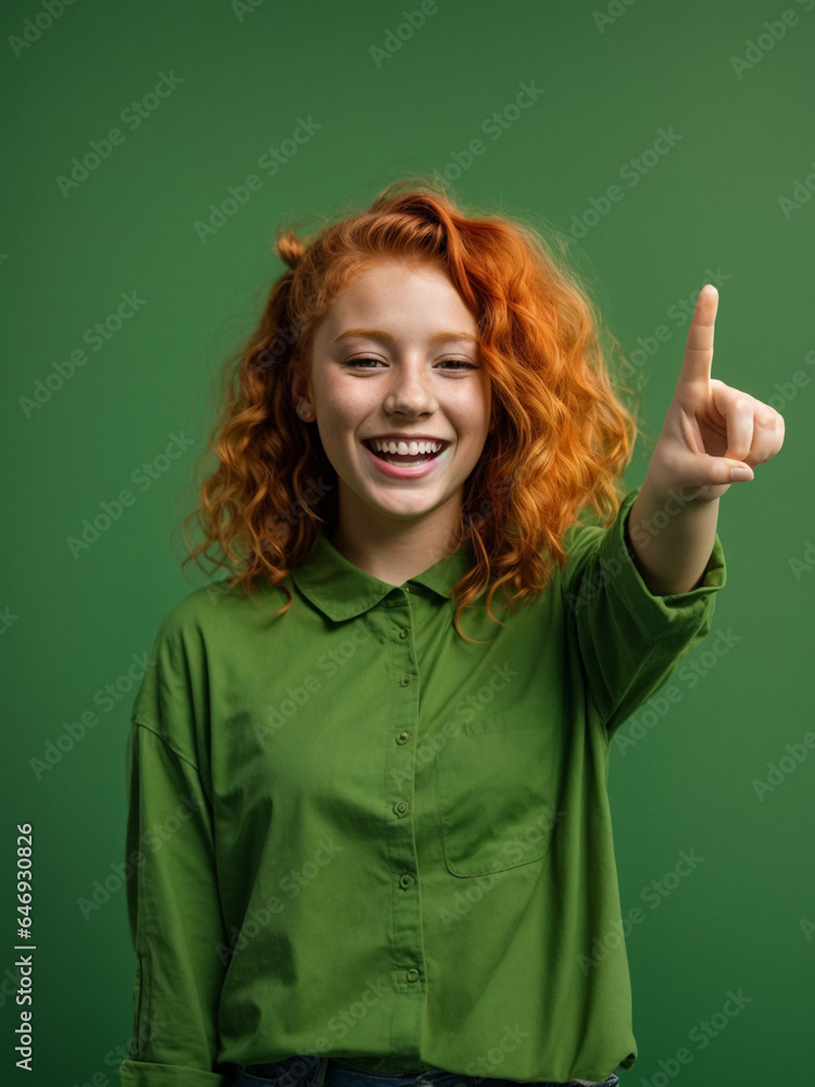 Emocionada joven adolescente pelirroja sonriendo y señalando con los dedos índices hacia arriba en espacio para texto en la parte superior, expresando asombro Emocionada joven adolescente pelirroja sonriendo y señalando con los dedos índices hacia arriba en espacio para texto en la parte superior, expresando asombro