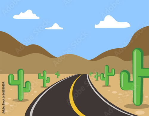 left turn on desert road, cactus and sand, blue sky, vector illustration 