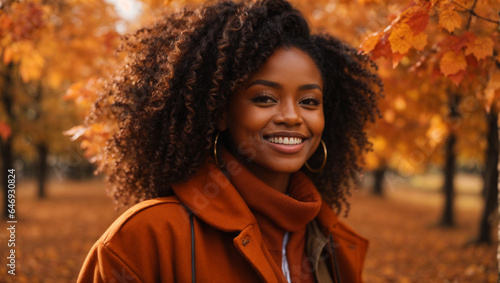 Bella mujer negra sonriendo entre hojas de otoño: retrato de moda en la temporada de otoño, tonos naranjas del otoño photo