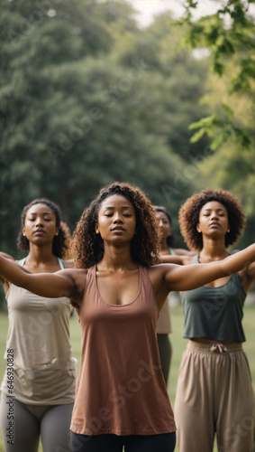 Unity in Wellness: Diverse Group of Women Engaging in Outdoor Yoga Session - Embracing the Joy of Breathing Exercises and Stretching Together Amid the Serenity of the Park