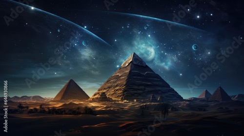 Pyramids of Giza illuminated by the moonlight and city lights in the background  casting a magical glow on these ancient wonders capture the timeless mystique of Egypt at night.