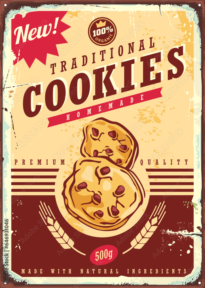 Naklejka premium Retro advertisement for traditional homemade cookies. Food poster with delicious cakes. Baked sweets and desserts vintage vector sign template.