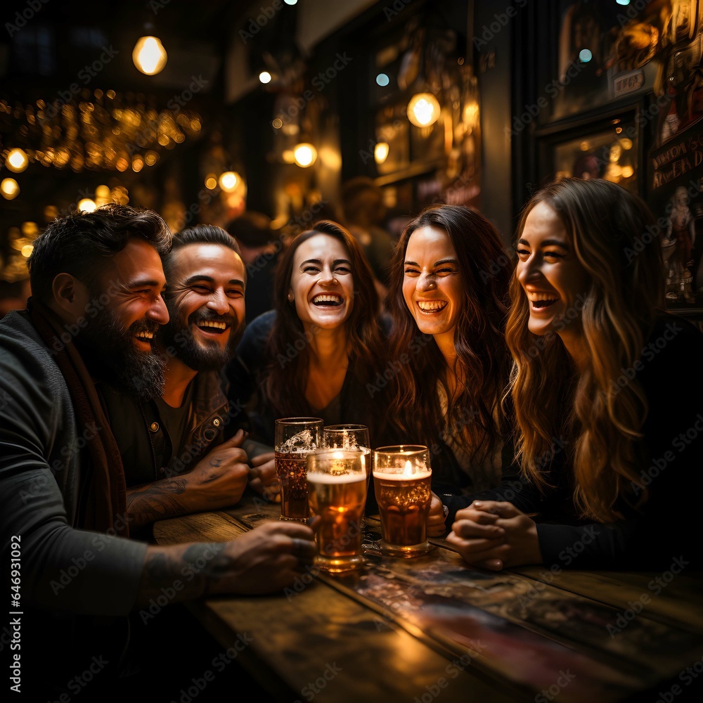 Group of young adults sit around a wooden table, laughing and clinking their beer glasses together in a lively brewery pub, annual German festival Oktoberfest, ai generated.