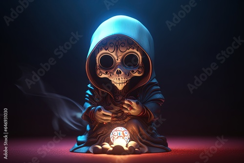 Skeleton with floral ornamental skull sitting near altar, 3d style. Santa muerte death concept. Big headed statuette with glowing light