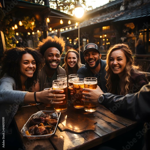 Group of young adults sit around a wooden table  laughing and clinking their beer glasses together in a lively brewery pub  annual German festival Oktoberfest  ai generated.