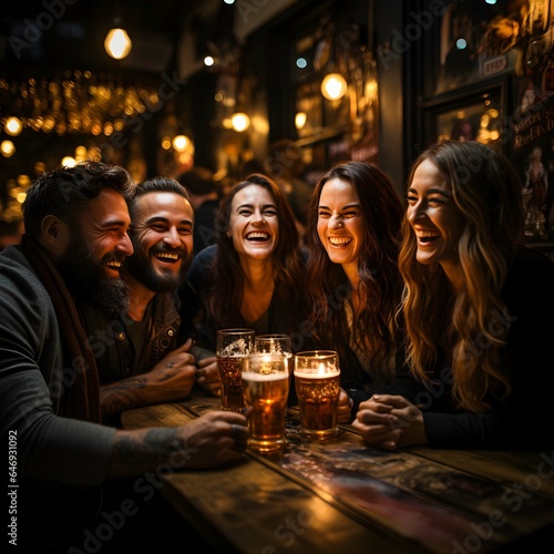 Group of young adults sit around a wooden table, laughing and clinking their beer glasses together in a lively brewery pub, annual German festival Oktoberfest, ai generated.