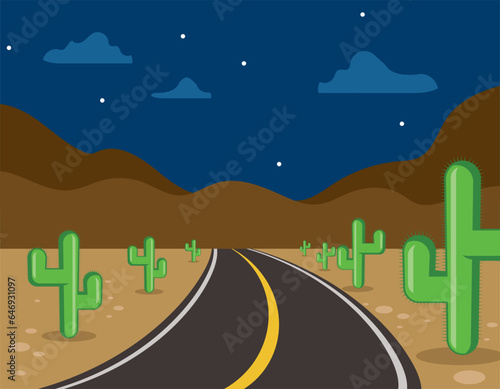 left turn on desert road, cactus and sand, blue sky, vector illustration 