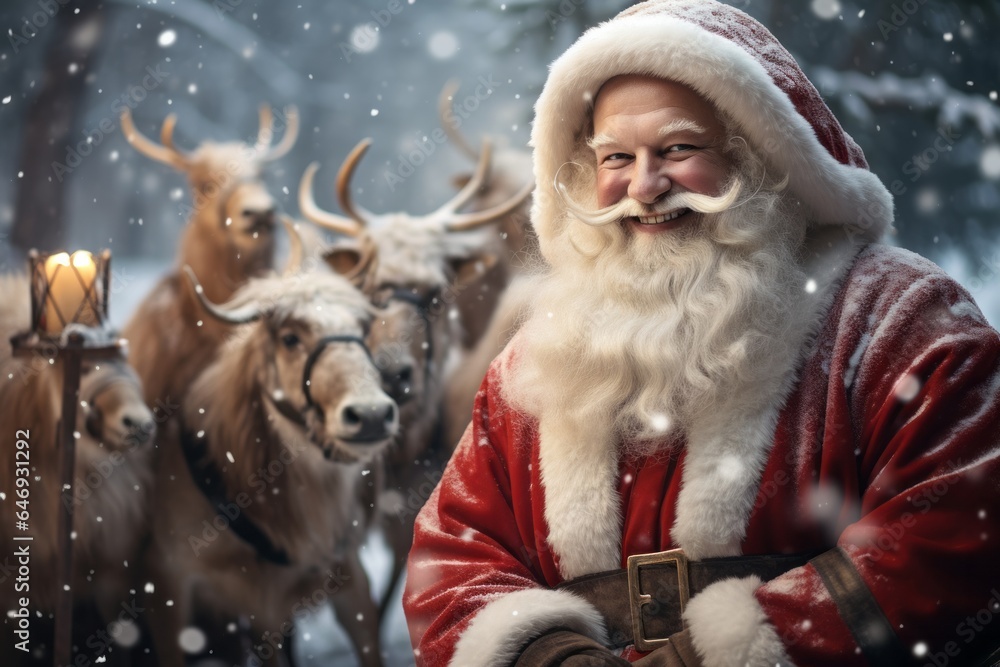Photo of Santa Claus and reindeer enjoying the snowy winter together created with Generative AI technology Photo of Santa Claus and reindeer enjoying the snowy winter together created with Generative AI technology