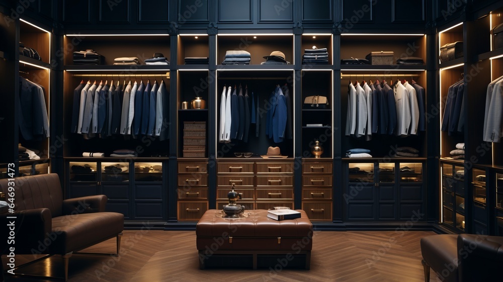 A well-organized walk-in closet with a wide variety of stylish clothes and accessories neatly displayed