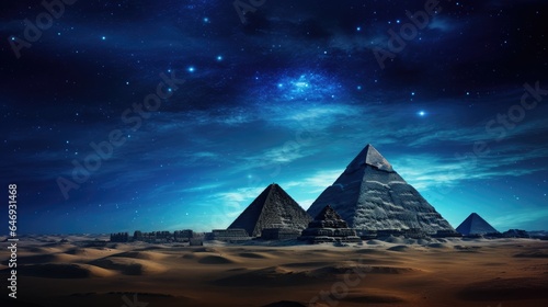 Pyramids of Giza illuminated by the moonlight and city lights in the background, casting a magical glow on these ancient wonders capture the timeless mystique of Egypt at night.