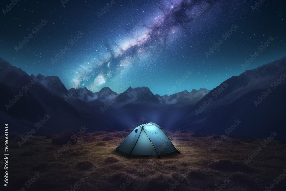5 Billion Star Hotel. Camping in the mountains under the starry night sky. Night landscape of camping ground. A tent glows under a night sky full of stars. Generative AI - obrazy, fototapety, plakaty 