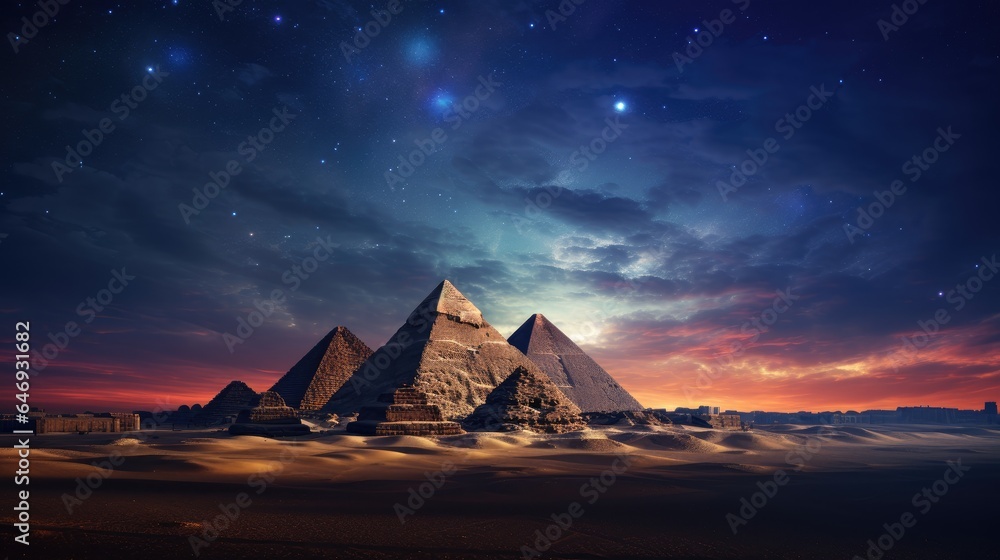 Pyramids of Giza illuminated by the moonlight and city lights in the background, casting a magical glow on these ancient wonders capture the timeless mystique of Egypt at night. - obrazy, fototapety, plakaty 
