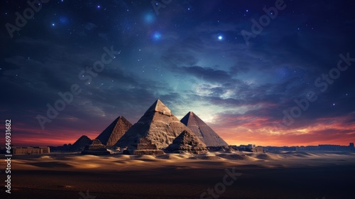 Pyramids of Giza illuminated by the moonlight and city lights in the background, casting a magical glow on these ancient wonders capture the timeless mystique of Egypt at night. photo
