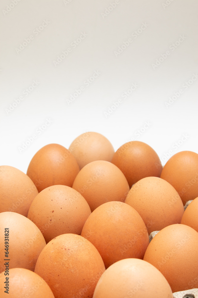 Ovos marrons orgânicos de galinha caipira organizados na placa 
