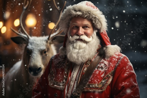 Photo of Santa Claus with reindeer in a festive Christmas setting created with Generative AI technology