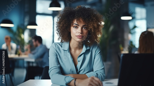 Successful Businesswoman, Afro Girl Sitting At Laptop And looking at camera In Modern Office. Copy space