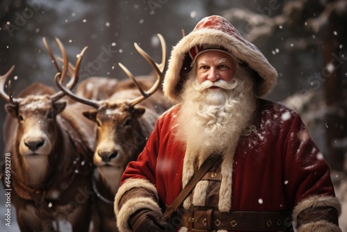 Photo of Santa Claus with reindeers in a festive winter scene created with Generative AI technology