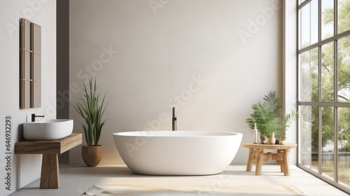  eco minimalist bathroom with sink  white bathtub  and window. No people present.