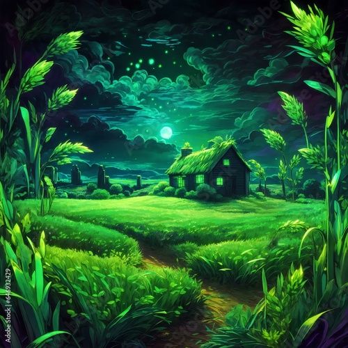 beautiful green farm and green wheat field with attractive light and details 