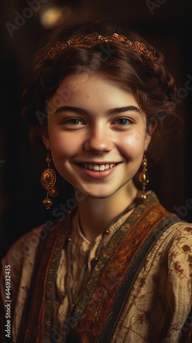 Image generated with AI. Portrait of a happy Young woman with typical clothes of the countryside.