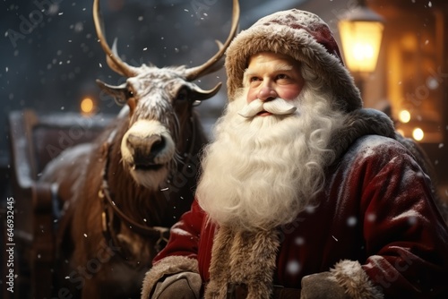 Photo of Santa Claus and reindeer enjoying the snowy winter together created with Generative AI technology