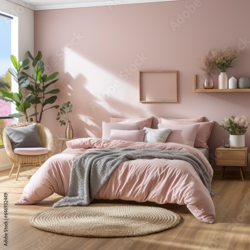 Serene soft pink bedroom bathed in natural light, adorned with wood flooring, and a cozy bed