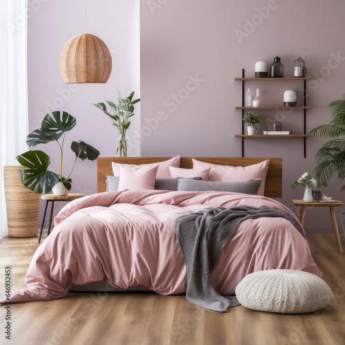 Serene and cozy soft pink bedroom bathed in natural light, adorned with wood flooring, and a comfortable bed