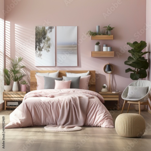 Serene soft pink bedroom bathed in natural light, adorned with wood flooring, and featuring a cozy bed