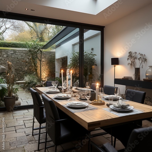 Modern dining room overlooking a patio with natural light