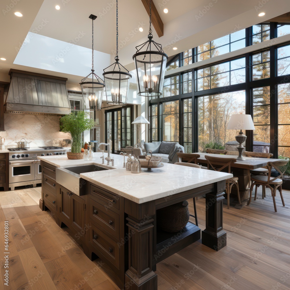 Traditional kitchen with iron chandeliers and large kitchen island with sink
