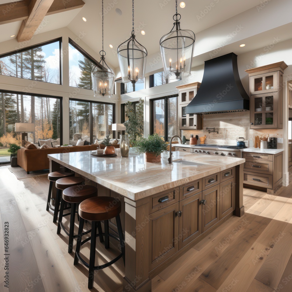 Traditional kitchen with iron chandeliers and large kitchen island with stool seating